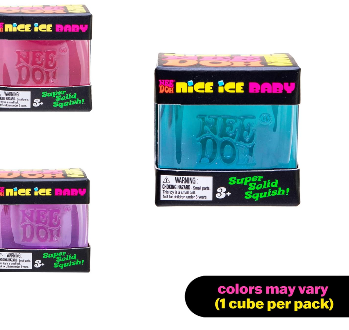 NeeDoh Nice Ice Baby sensory squeeze cubes in assorted translucent blue pink and purple colors by Schylling