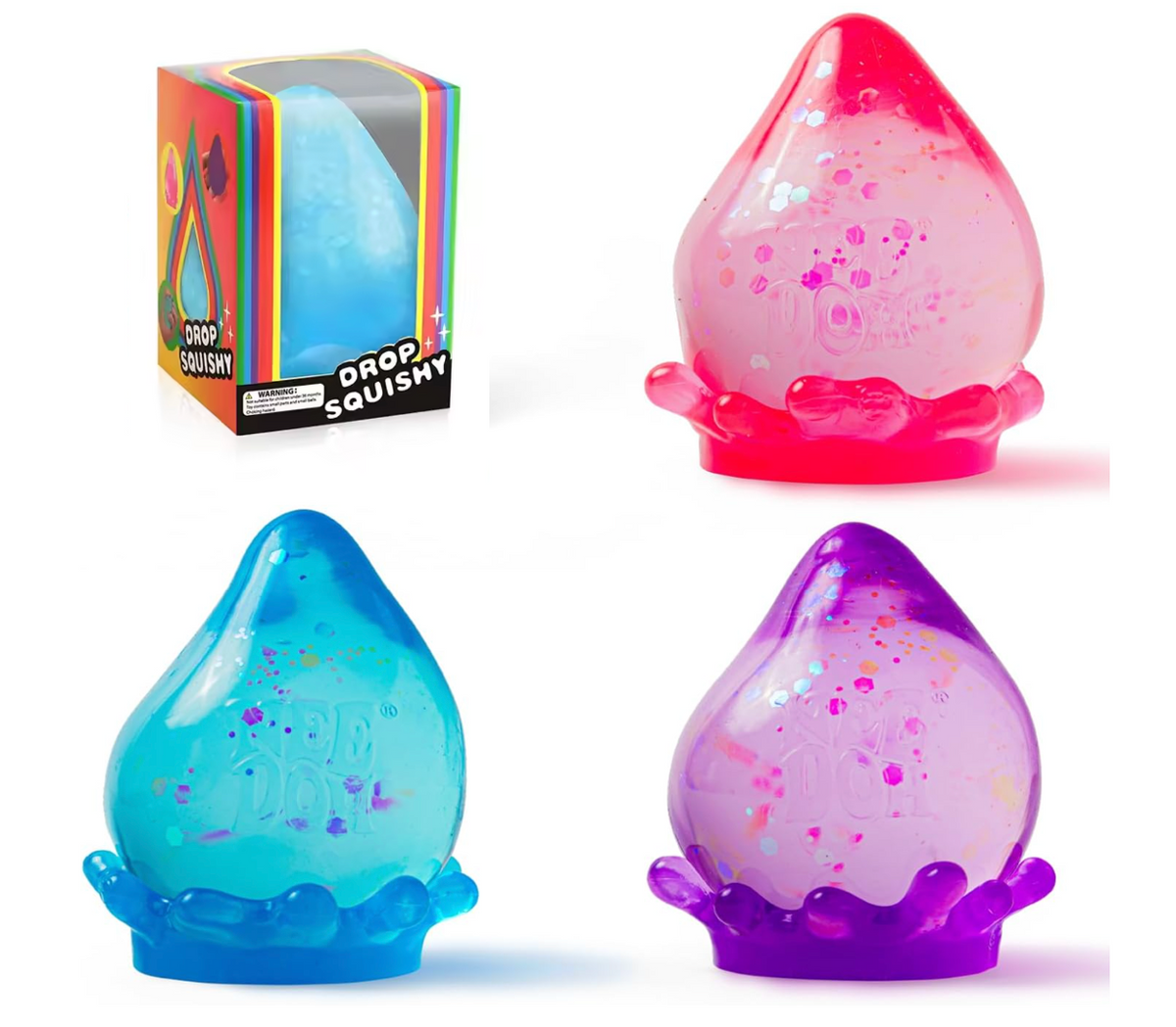 Schylling NeeDoh Dream Drop glitter-filled raindrop sensory squeeze toy with splash display stand in pink blue and purple