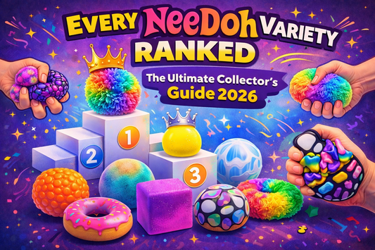 NeeDoh varieties ranked guide showing different squishy sensory toys including cube, gumdrop, and textured fidget toys