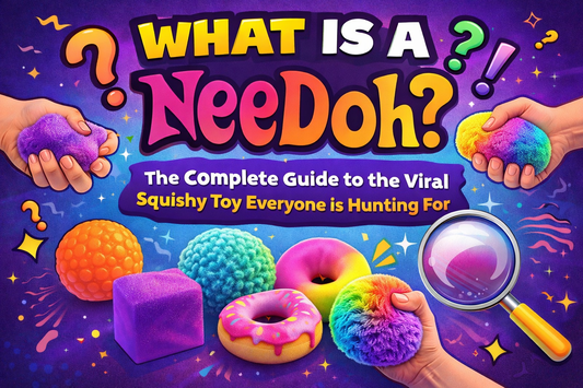 What is NeeDoh blog header image showing colorful squishy fidget toys and hands squeezing sensory toys