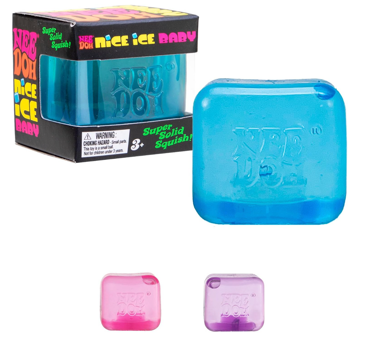 Schylling NeeDoh Nice Ice Baby mini sensory squeeze cube in translucent blue pink and purple colors on white background