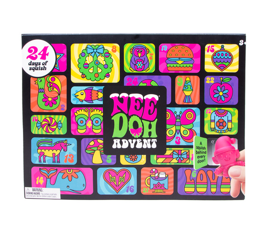 Child unboxing a daily mini squish fidget toy from the candy-free Schylling NeeDoh Advent Calendar