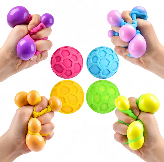 NeeDoh Atomic sensory fidget squeeze toy showing multiple groovy globs revealed on squeeze in blue yellow and pink two-tone colors