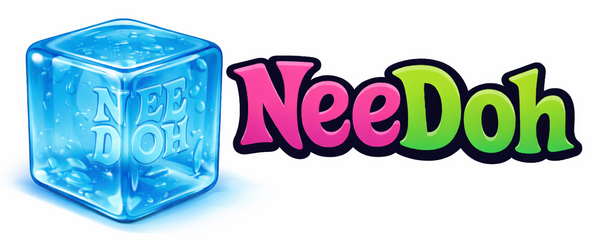 NeeDoh Nice Cube logo featuring blue squishy cube and colorful brand text