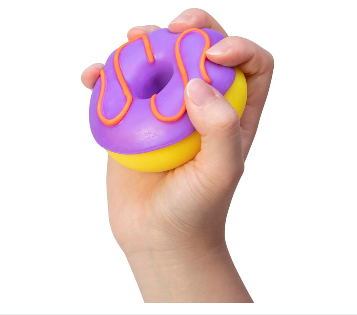 NeeDoh Dohnuts showing removable swappable frosting being popped off and swapped between neon colored donut stress balls
