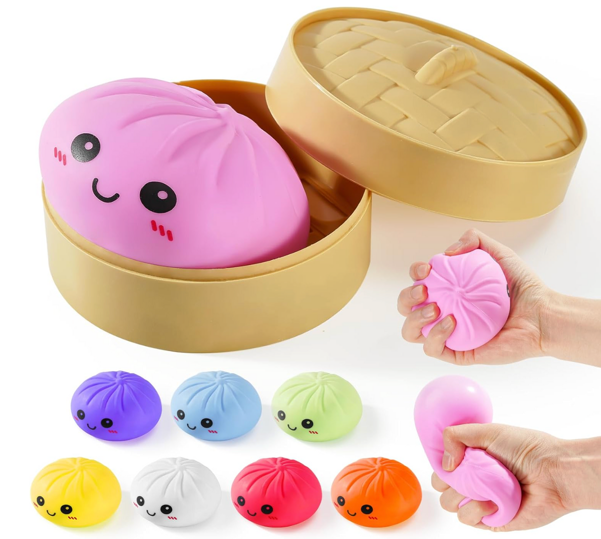NeeDoh Dumpling squishy bao toys in all colours pink purple orange red green gold glitter white glitter and blue kawaii faces