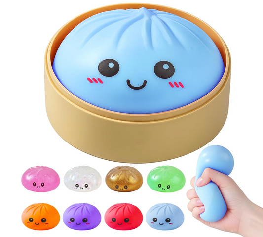 NeeDoh Dumpling squishy bao squeeze toy blue in steamer basket with 8 colour variants kawaii smiling face by Schylling