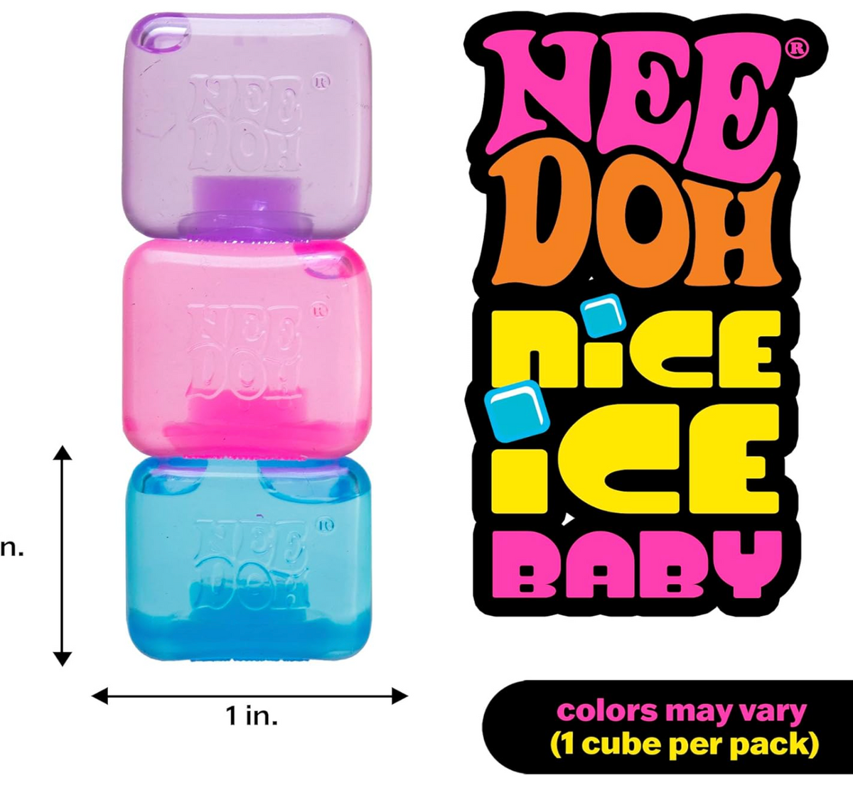 Child holding NeeDoh Nice Ice Baby mini squishy cube fidget toy showing compact pocket size for stress relief