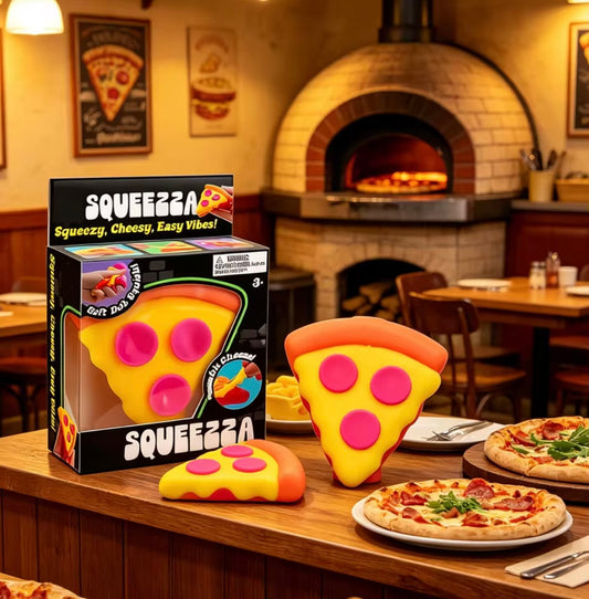 NeeDoh Squeezza pizza slice sensory squeeze toy with Schylling box showing peelable cheese and soft doh squish