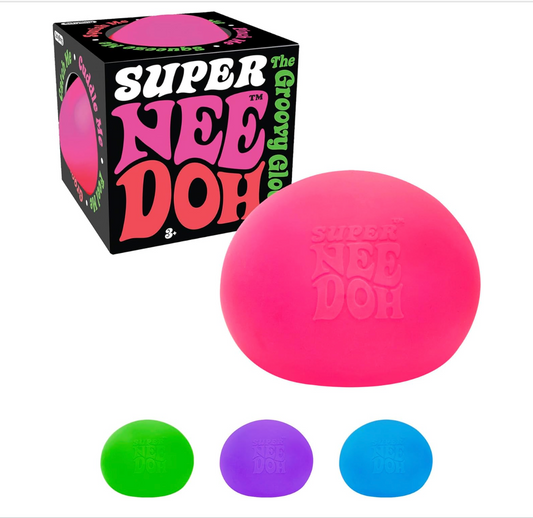 NeeDoh Super Groovy Glob jumbo dough-filled sensory squeeze stress ball in assorted colors on white background