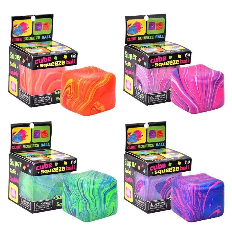 NeeDoh Swirl Nice Berg giant marbling swirl sensory squeeze cube in purple pink orange and blue color blends on white background