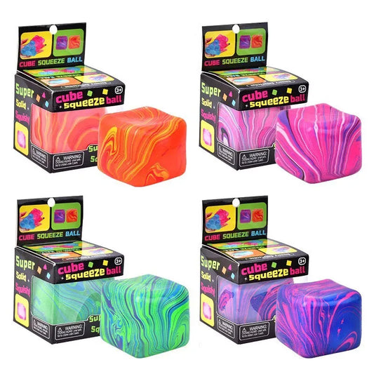 NeeDoh Swirl Nice Berg giant marbling swirl sensory squeeze cube in purple pink orange and blue color blends on white background