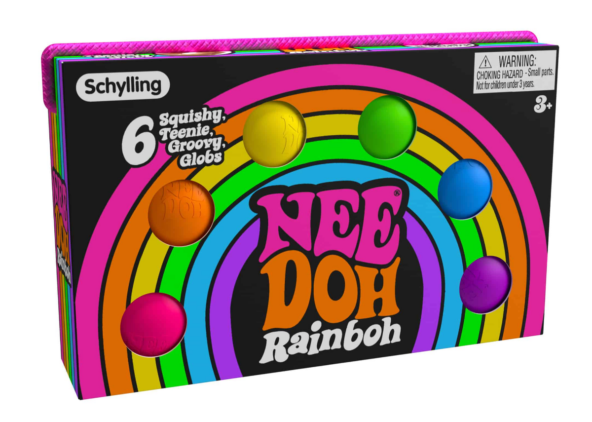 NeeDoh Teenie Rainboh 6-pack mini sensory squeeze toy set in pink orange yellow green blue and purple rainbow colors with carry case